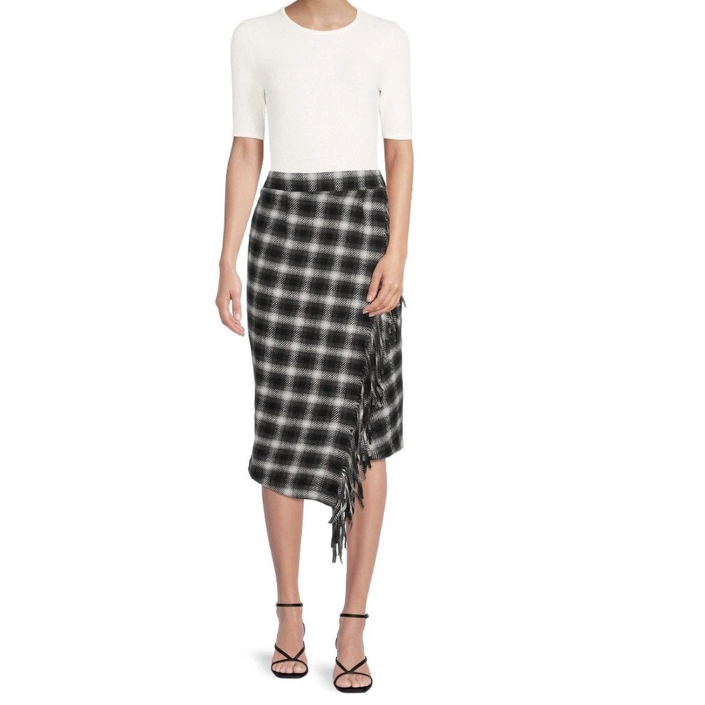 Time and Tru Black and White Plaid Women's fringed Midi Skirt Sz L (12-14) New